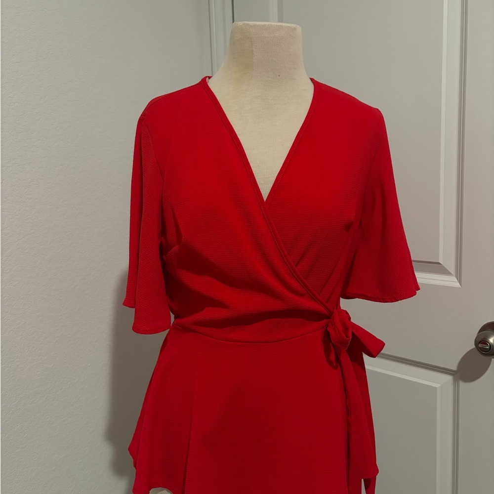 Red Wrap Top | Flowy Short Sleeve